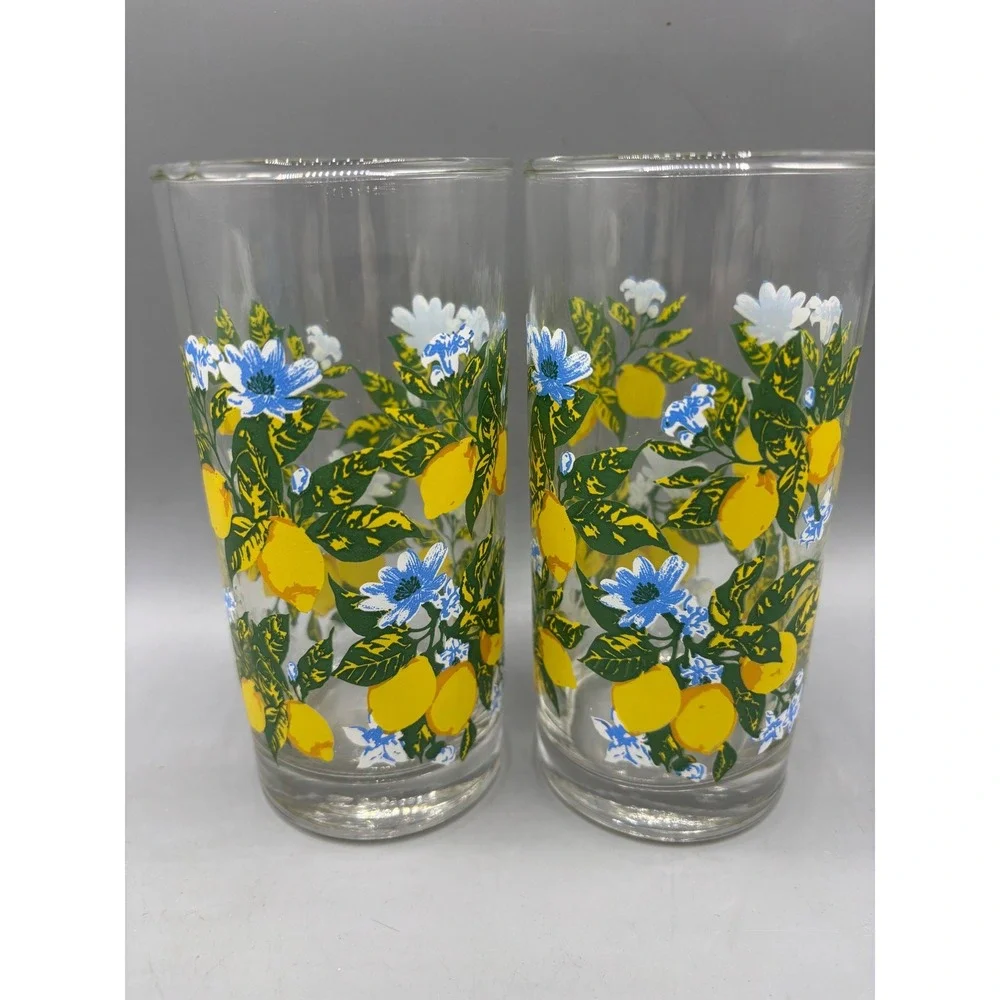 Vtg Royal‎ Norfolk Lemon and Blue Floral Drinking Glasses Set of 2 Tall Tumblers
